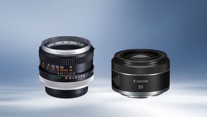 A vintage Canon FD 50mm f/1.8 lens beside a modern Canon RF 50mm prime lens. A vintage Canon FD 50mm f/1.8 lens beside a modern Canon RF 50mm prime lens.