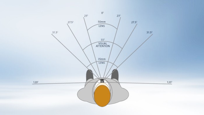 The approximation of the cone of visual attention lies between the field of view of the 35mm and 50mm lens. The approximation of the cone of visual attention lies between the field of view of the 35mm and 50mm lens.